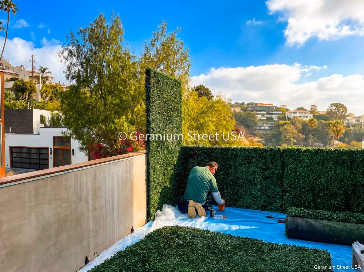 Brentwood privacy hedge installation: 600 sq ft of UV-resistant artificial hedges