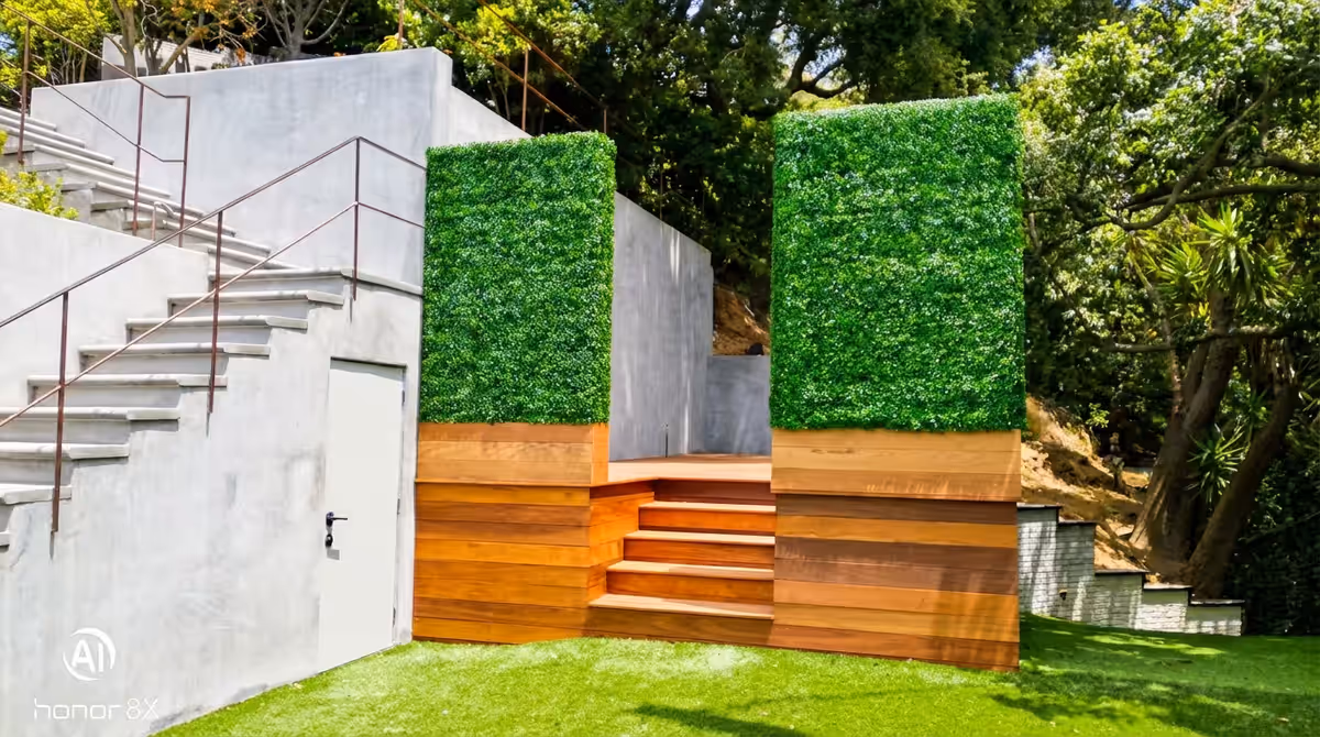 Artificial boxwood hedges for backyard privacy in Brentwood, CA