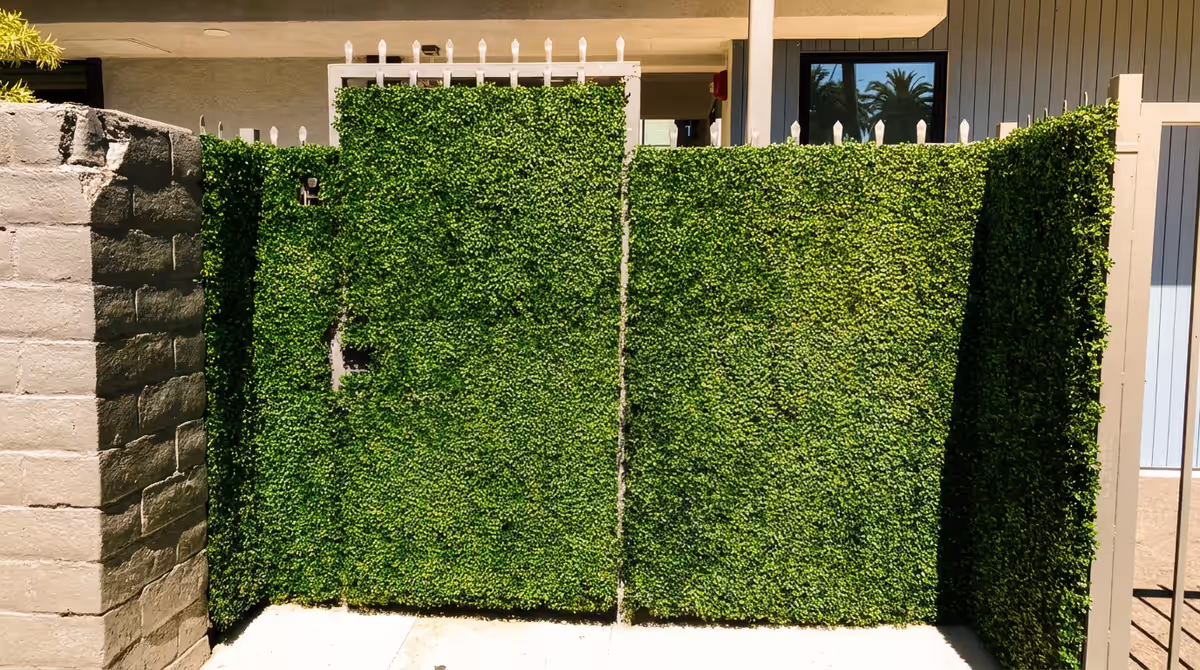 Artificial boxwood living wall for an apartment security gate in Los Angeles, CA