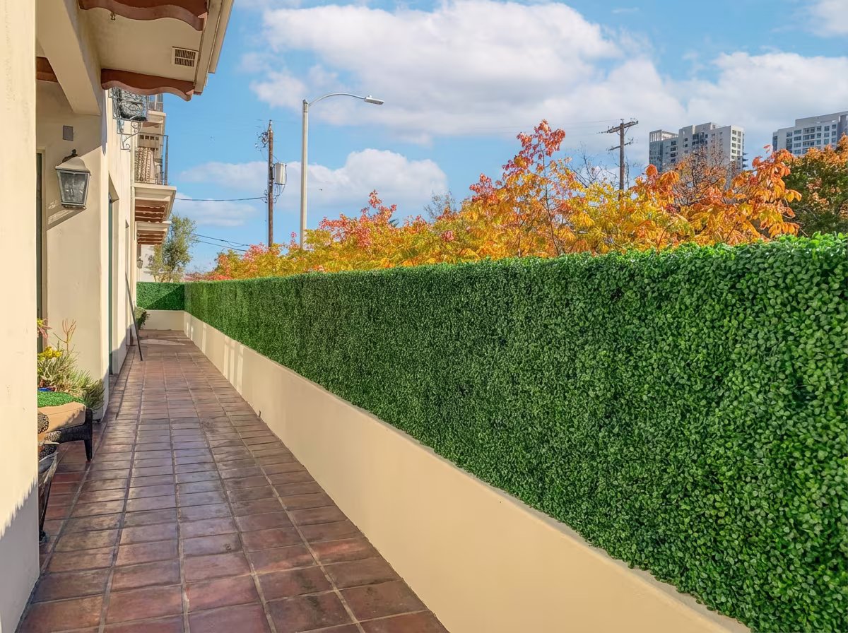 Downtown LA: artificial hedges mounted on an existing block wall for instant privacy