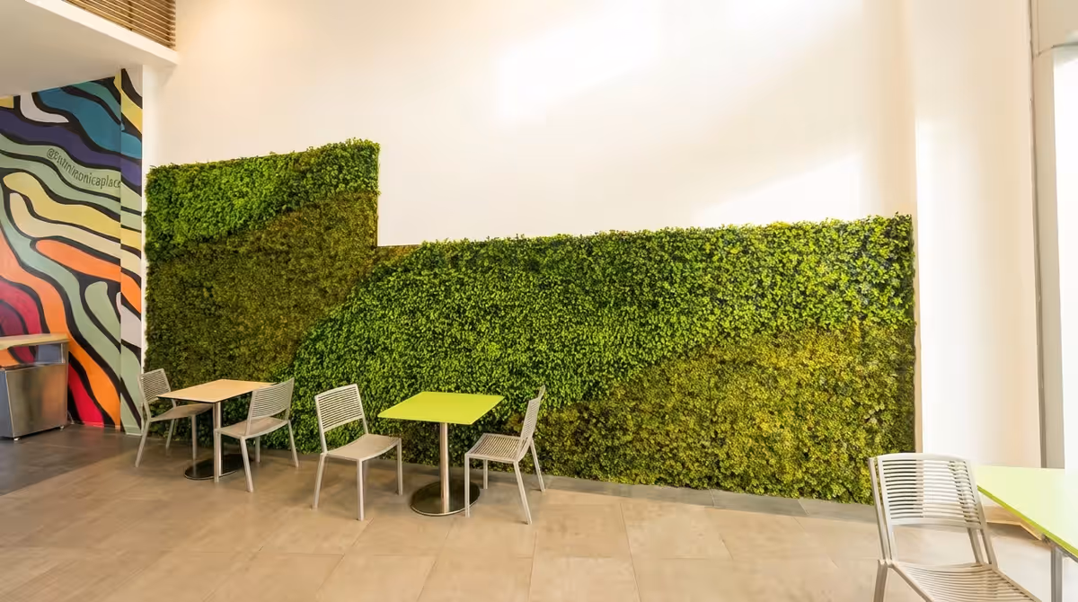 Artificial living wall for a Santa Monica mall food court (420 sq ft, UV-rated)
